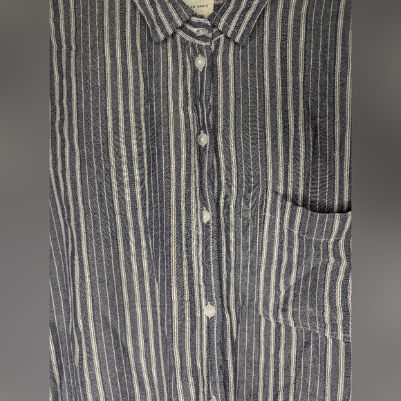 American Eagle Large Button Up Front Tie Long Sleeve Blouse Navy/Gray Stripe - Picture 3 of 13